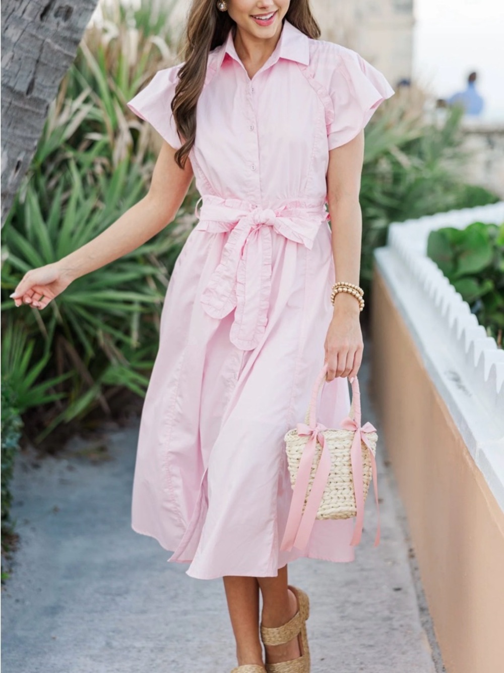 Light Pink Tie-Waist Midi Shirt Dress